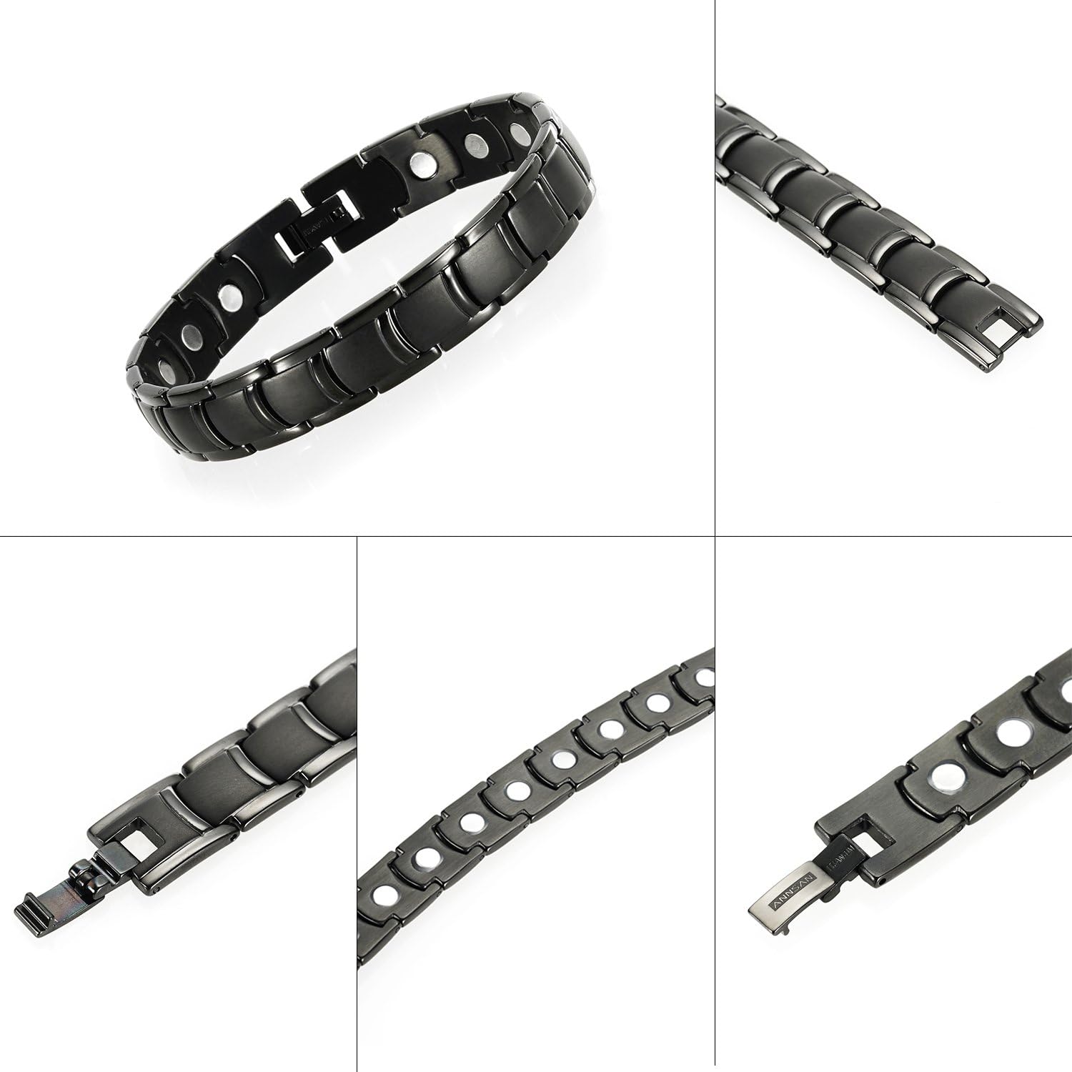 ANNSAN Mens Womens Titanium Magnetic Therapy Bracelet with Magnets Germanium, Healing Magnet Bracelet with Free Link Removal Tool (Black): Health & Personal Care