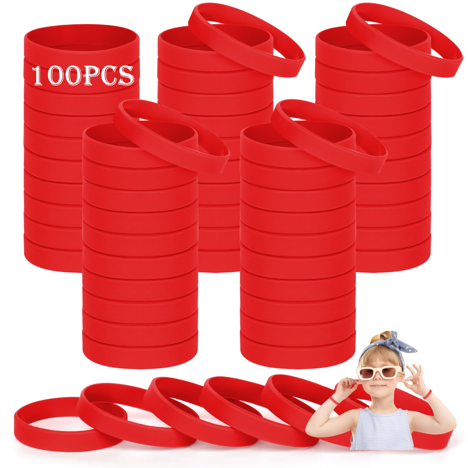 HONTIUS Kids silicone wristbands, 100PCS kids Red Rubber Wristbands Blank Wrist Bands Universal Wristband Set for Kids Child Children Kindergarden Team Sport（Suitable for 3-7aged）