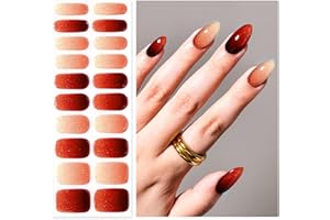 Oauee Semi Cured Gel Nail Strips | Built-In Gel Top Coat | UV Light Required | Salon Quality, Easy Application And Removal (Ruby Glitter Gradient)