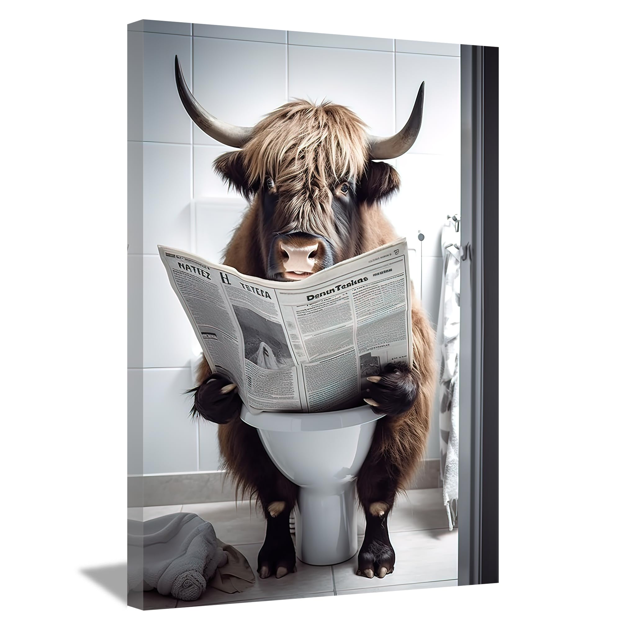 LZIMU Bathroom Highland Cow Wall Art Brown Cattle Sitting on Toilet Reading Newspaper Canvas Prints Funny Animals Posters Home Decor Framed (Bathroom-3, 12"x18")
