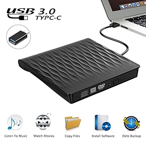 DIGDAN External CD DVD Drive, USB 3.0 Slim Portable External CD DVD Rewriter Burner Writer, High Speed Data Transfer USB Optical Drive for PC Desktop/Laptop/Linux/Windows 10/8/7/XP(Black)