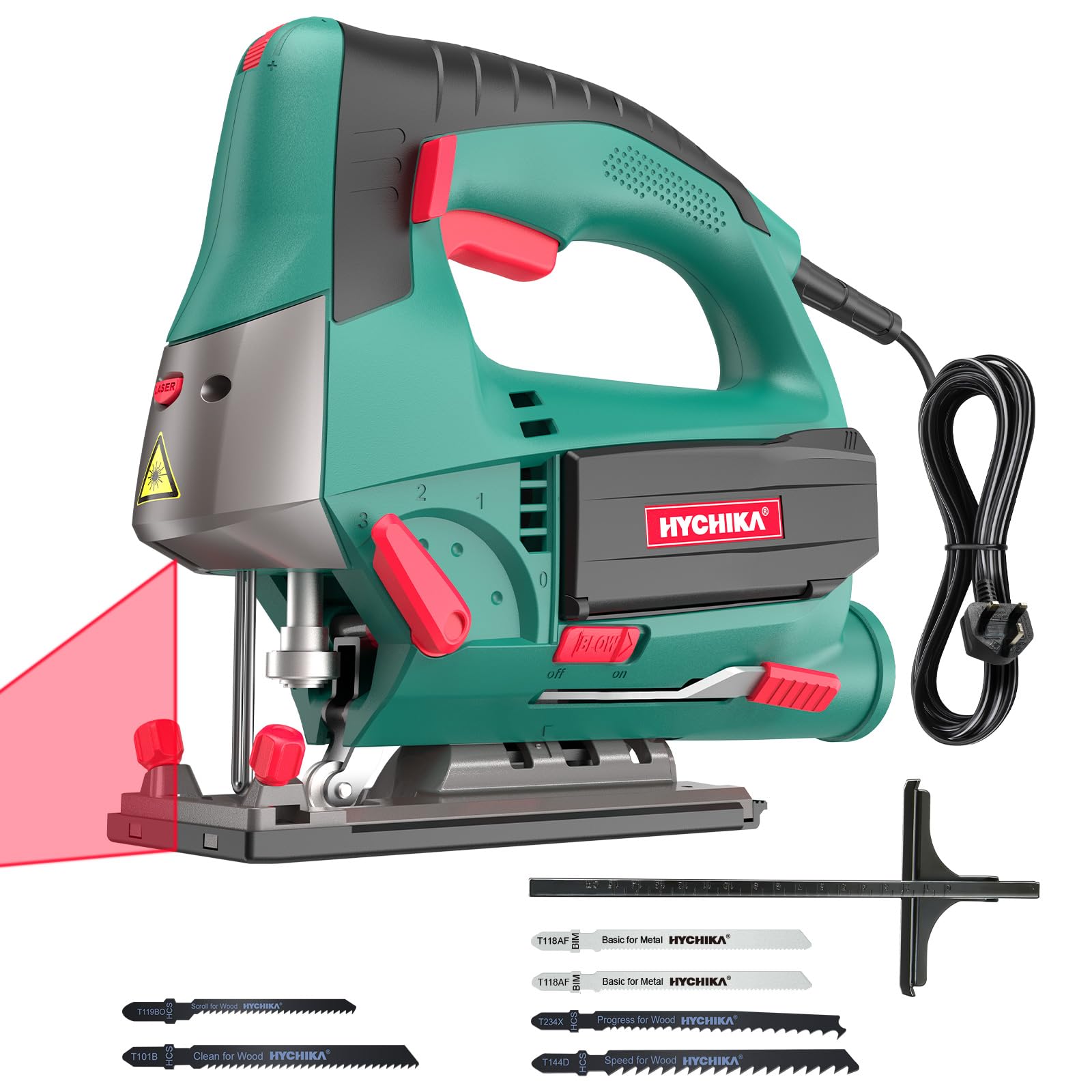 HYCHIKA Jig Saws, 800W Max Cutting Depth 110mm for Metal, 800-3000 SPM Electric Jigsaw with Class 2 Laser, 6 Variable Speeds, 0-3 Orbital Sets, -45° to +45° Bevel Cutting, 6 Blades