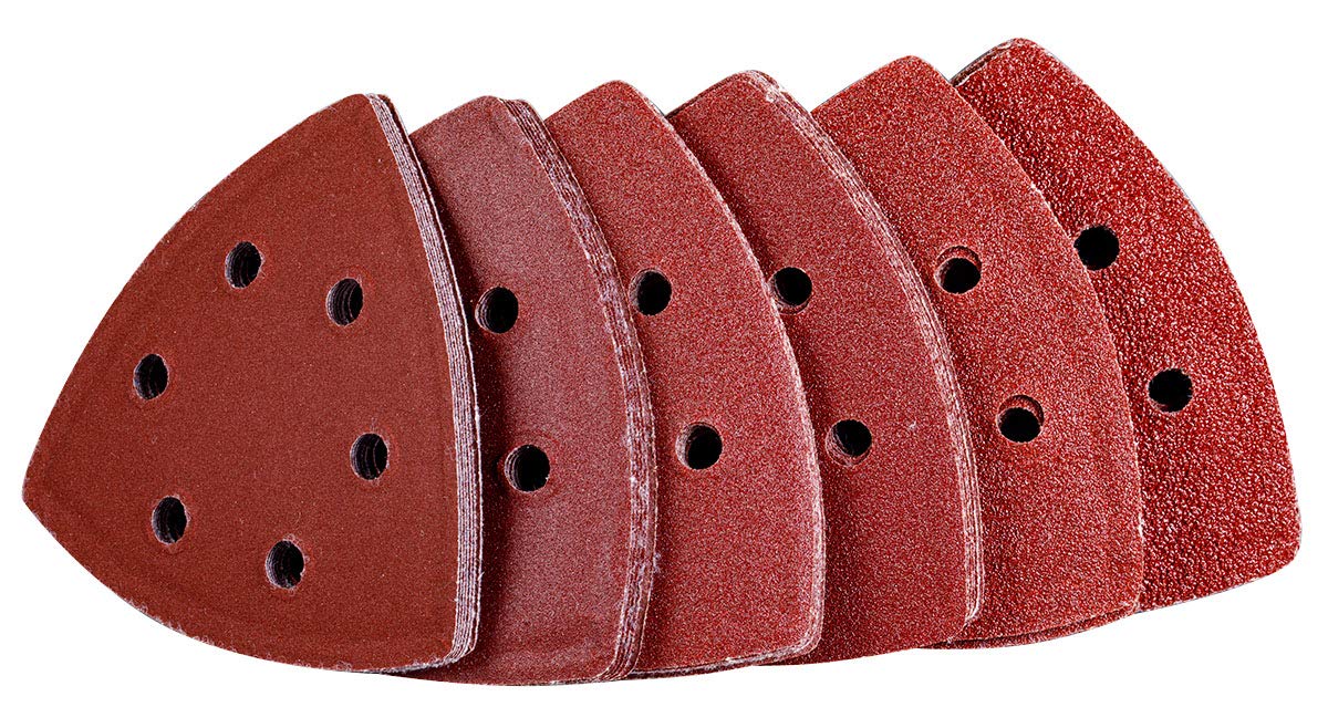 YoiYee Coarse to Extra Fine Delta Sanding Sheet, Hook and Loop Triangle Sandpaper Pad, 6 Holes, 93 x 93 x 93 mm Sand Paper Disk, Assorted Grit 40/80/120/180/ 320/600, 42 Pack