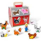 Melissa & Doug Take-Along Wooden Toy Barn, 11-Pc Portable Toddler Playset with Farm Animals & Pop-Up Roof, Preschool Learning