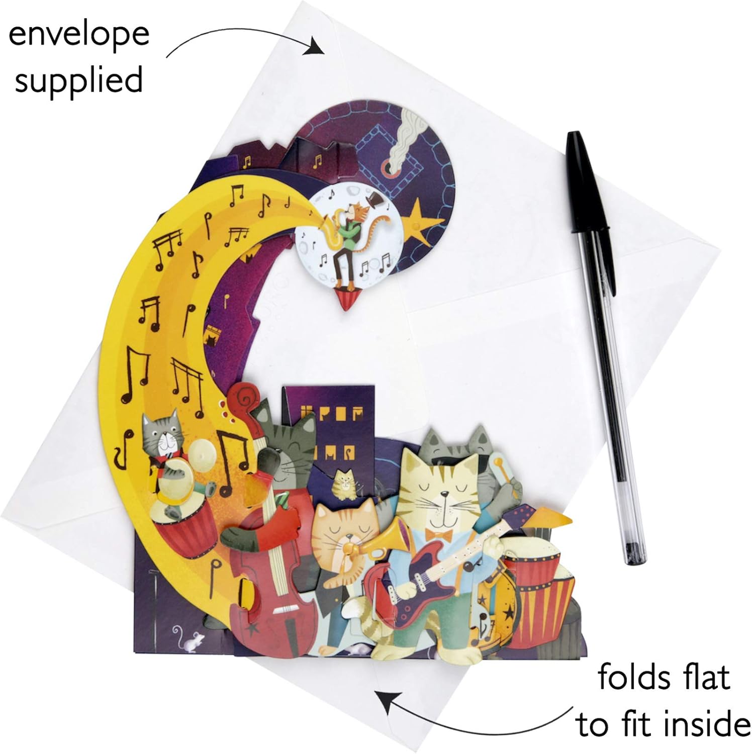 SANTORO Pendulum, 3D Pop Up Greeting Card - Jazz Cats - for Her Him, Kids, yellow|grey|brown|blue, 16 x 21 cm - Image 3
