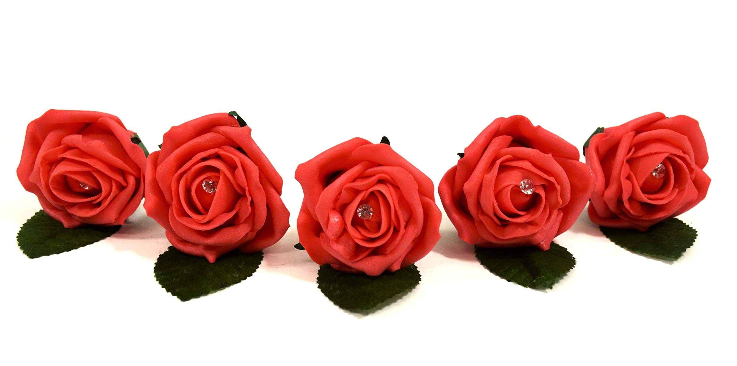 20 Wedding Buttonholes with Diamante and leaf - Bride, Groom, Bridesmaid, Pageboys and Guests - Artificial Colourfast Foam Rose for Wedding Corsage, Party, Reception, Prom, Vintage, Gothic or Formal Occasions (Coral)