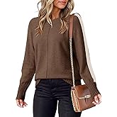 Dokotoo Womens Fall Sweaters Casual Long Sleeve Crewneck Color Block Pullover Knit Tops