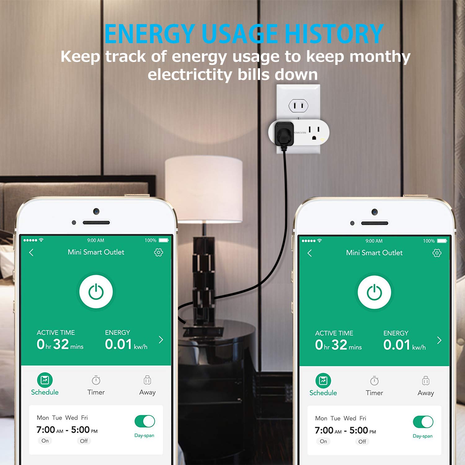 PEMORN Smart Plug 2 in 1 Mini with Energy Monitoring,15A WiFi Switch