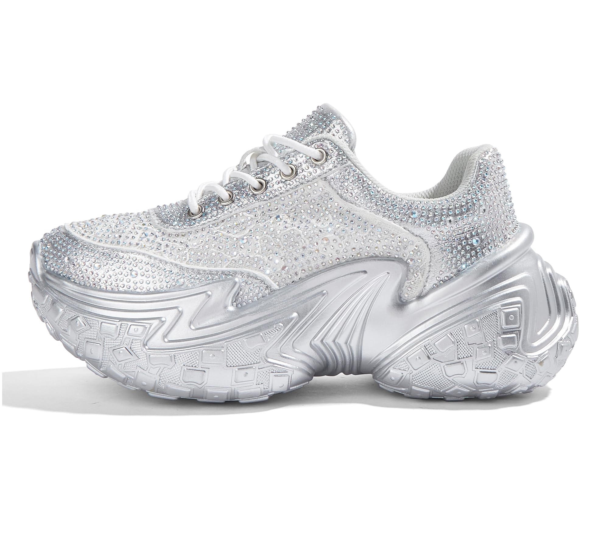 Photo 1 of LUCKY STEP Women's Chunky Sneakers Platform Fashion Rhinestone Sparkly Dad Walking Shoes Butterfly Lace Wedge Casual Shiny Thick Sole Footwear(Silver,11)