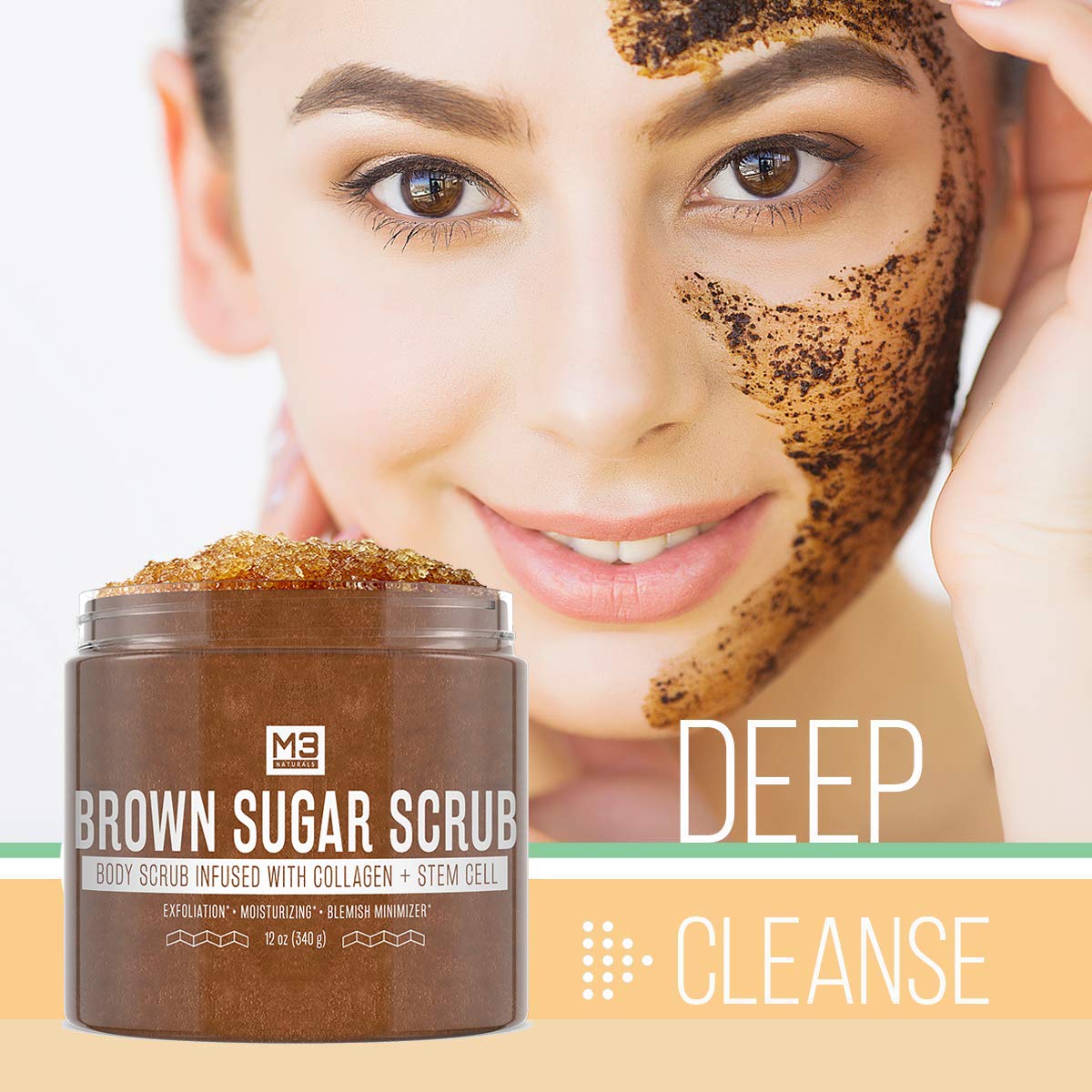 M3 Naturals Brown Sugar Scrub Infused with Collagen and Stem Cell Natural Souffle Body and Face Scrub for Acne Cellulite Stretch Marks Spider Veins Scars Wrinkles Skin Care Exfoliator 12 oz : Beauty