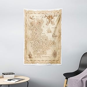 Ambesonne Island Tapestry, Old Antique Treasure Map with Details Retro Color Adventure Sailing Pirate Print, Wall Hanging for Bedroom Living Room Dorm Decor, 40" X 60", Cream