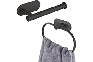 Toilet Paper Holder/Towel Ring Self Adhesive, Eolax No Drilling Black Bathroom Hardware Accessories, Stainless Steel Sticky Toilet Roll Hanger and Hand Towel Holder, Wall Mounted, 2 Pieces