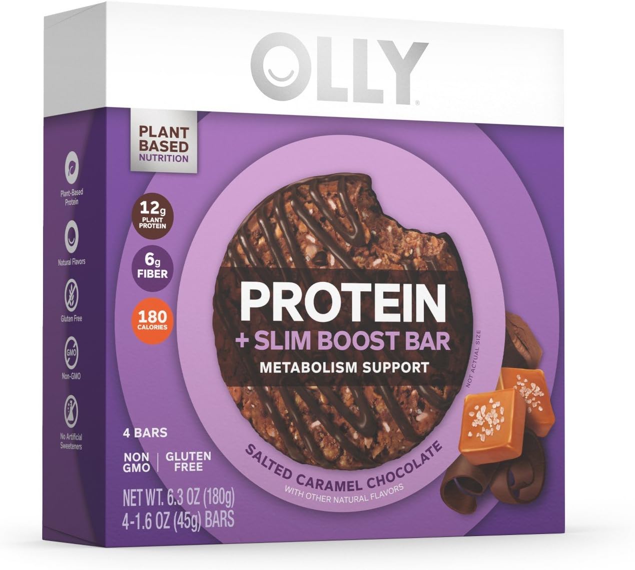 Olly Protein + Slim Boost Bar Salted Caramel Chocolate 6.3oz( 1.6oz x 4 bars), pack of 1