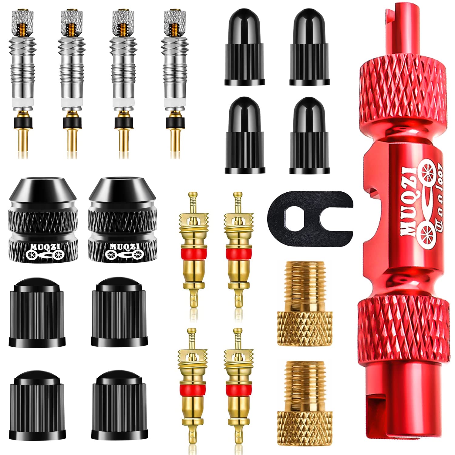 MUQZI 22-Piece Red Bicycle Valve Adapter Set: Presta & Schrader Valve Core Replacement Kit with Tool Set