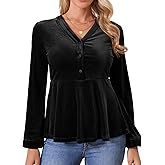 Seta T Women's Velvet Top V Neck Long Sleeve Babydoll Peplum Tops Fall Winter Dressy Casual Blouse