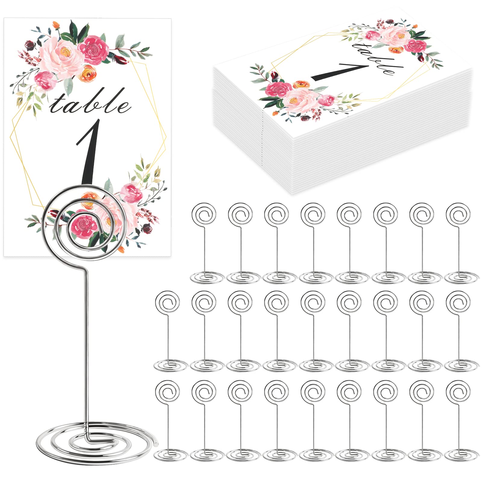 Photo 1 of 26 PCS Table Number Holder - Table Card Holder Stand Wire Photo Holder with 26 Pcs Floral Table Number Cards, Place Card Holder Stand for Weddings Party Office Paper Memo Menu Note Clips