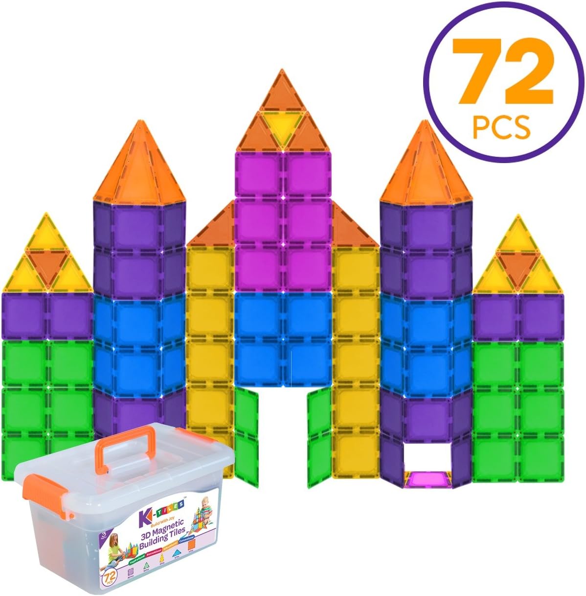 K-Tiles Magnetic Tiles, Magnetic Block for Kids Colorful Education Toys for Kids, Strong Magnets, Great for Cognitive Development & Motor Skills (72 Pcs., Mixed)