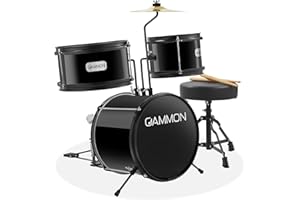 GAMMON PERCUSSION Gammon 3-Piece Junior Drum Set with Throne - Black, Complete Beginner Kit with Bass Drum, Toms, Cymbal, Pedal, and Drumsticks