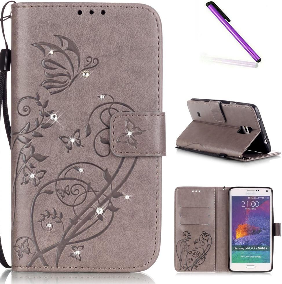 EMAXELERS Galaxy Note 4 Wallet Case,Bling Crystal Diamond Girly Butterfly PU Leather Flip Magnet Case Cover with Stand Card Holder for Samsung Galaxy Note 4,Gray Butterfly with Diamond