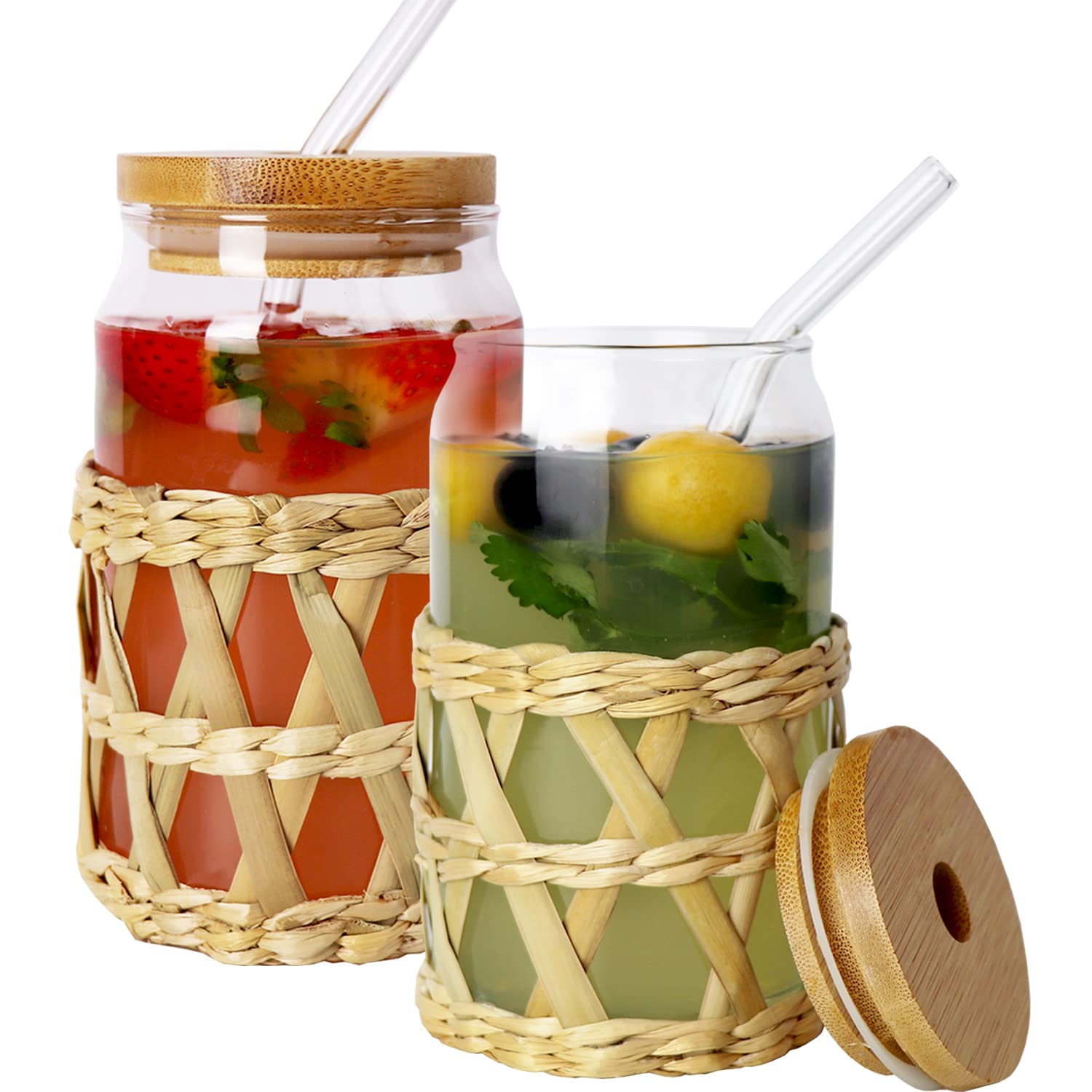 Natural Style Drinking Glasses with Bamboo Lids and Straw 2Pcs Beer Can Glass Cups Tumbler Glasses 17oz, Drinking Glasses with Handwoven Rattan Reusable Sleeve – for Beer, Coffee, Juice
