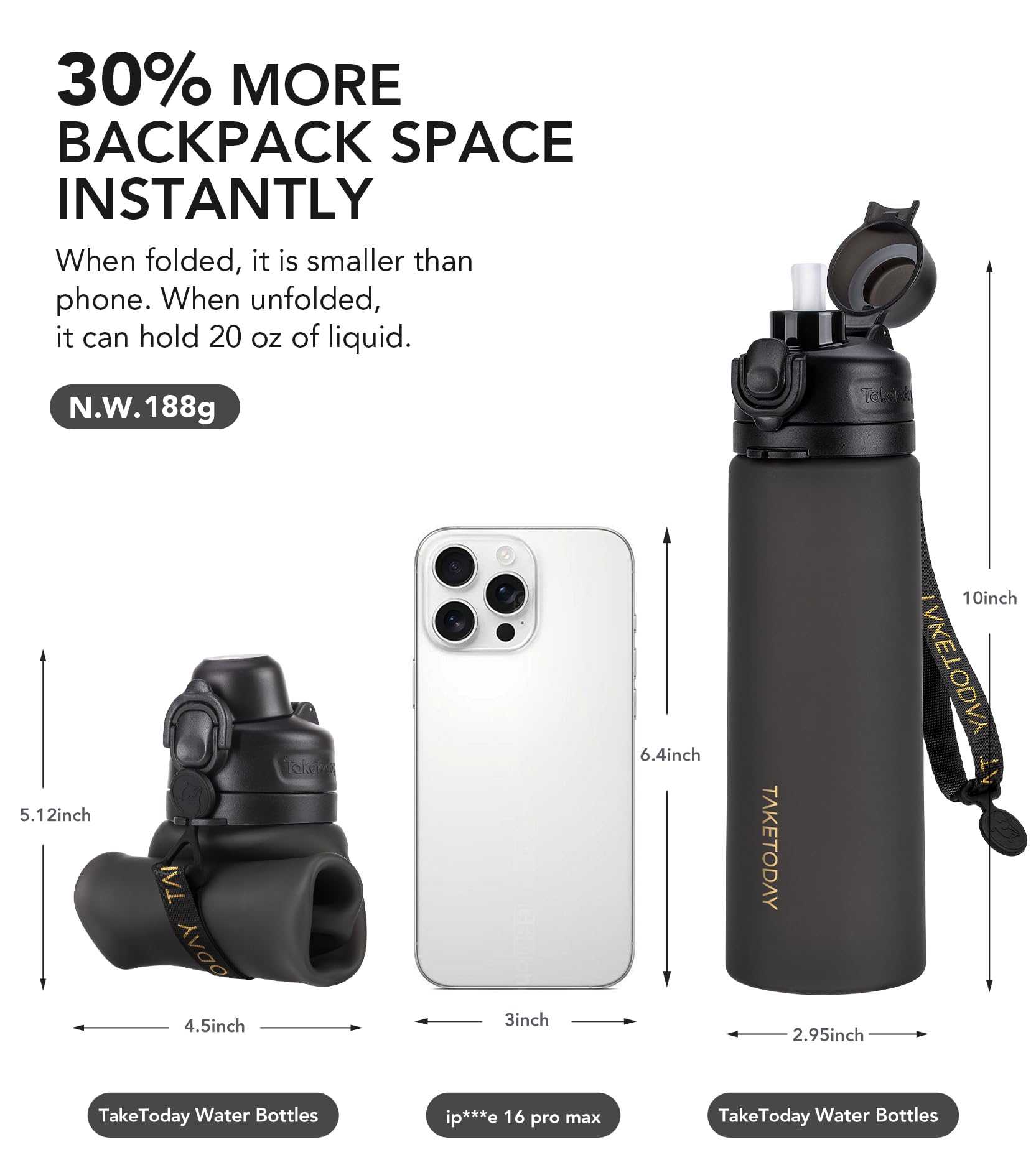 Condition photo showing New/Like New for taketoday collapsible water bottles 21oz (600ml), foldable platinum silicone travel water bottle with straw & carry strap, leak-resistant screw lid, wide mouth, bpa-free for hiking, camping, travel black&ocean