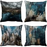 Emvency Set of 4 Throw Pillow Covers Modern Abstract Messy Teal Turquoise Black and Brown Retro Painting Decorative Pillow Cases Home Decor Standard Square 26x26 Inches Pillowcases