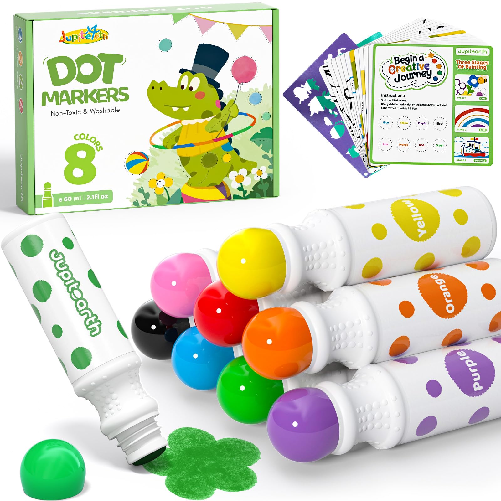 JUPITEARTH 22 PCS Dot Markers, 8 Colors Washable Bingo Daubers with 120 PDF & 12 Printed Activity Papers 2 Stencils, Non-Toxic Dot Paint f, Markers for Arts and Crafts