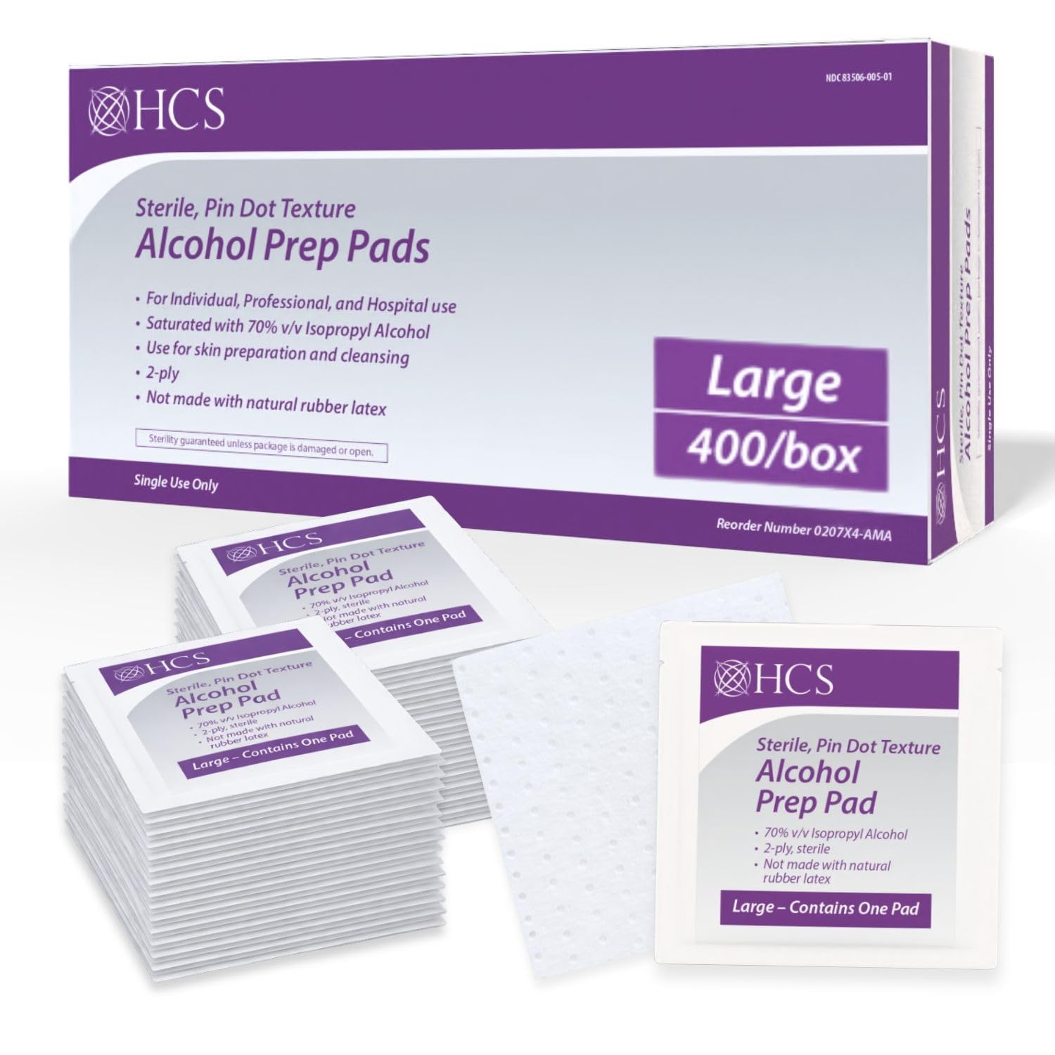 Photo 1 of HCS Large Alcohol Prep Pads - 70% Isopropyl Alcohol Wipes, Individually Wrapped - 2 ply, Textured, Sterile Skin Prep Swabs (400/Box)