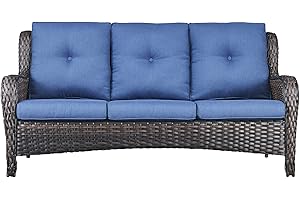 PUGIRE Outdoor Couch Wicker Patio Sofa - 3-Seater Rattan Patio Furniture Conversation Sofas with Deep Seating and Comfortable Cushions for Porch Deck Balcony Garden(Brown Wicker/Blue Cushion)