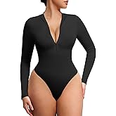 FeelinGirl Long Sleeve Bodysuit for Women Mock Turtle Neck Body Suits Zip Up Design Black Tummy Control Bodysuit Shirts