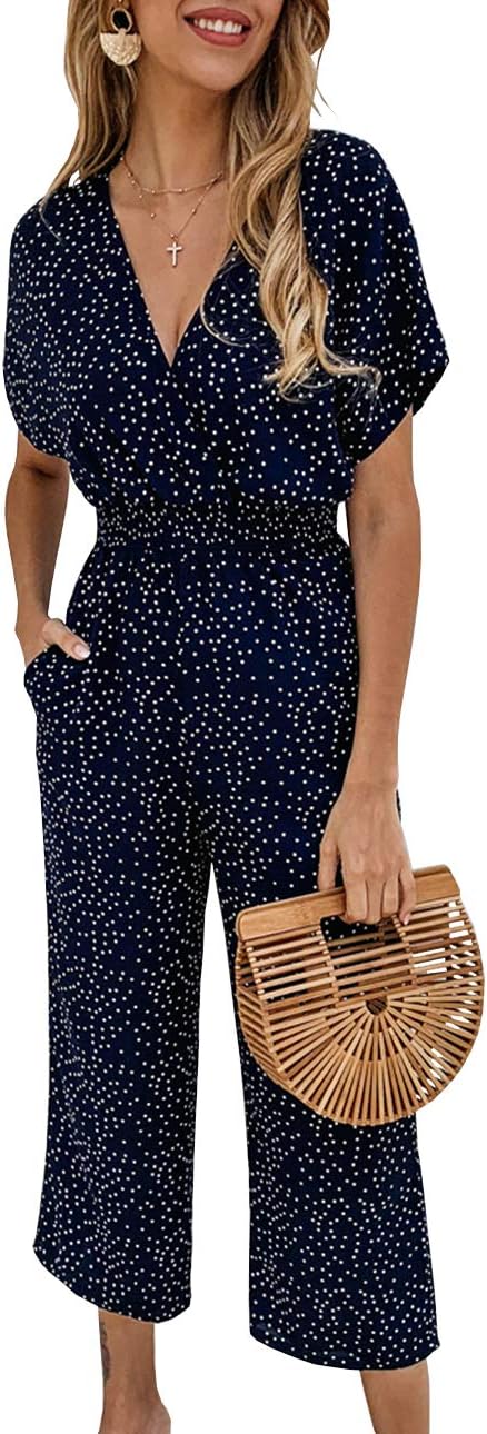 KIRUNDO Womens Jumpsuit Short Sleeves Deep V Neck High Waist Polka Dot Long Wide Pants Loose Jumpsuit Navy Medium