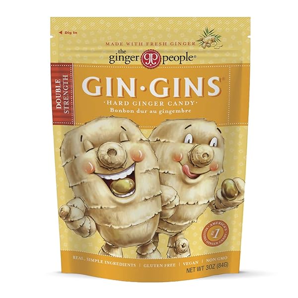 GIN GINS DOUBLE STRENGTH GINGER HARD CANDY – 100% NATURAL CANDY BY THE GINGER PEOPLE – INDIVIDUALLY WRAPPED HEALTHY TREATS – MADE WITH THE FRESH RHIZOME – DOUBLE STRENGTH FLAVOR – 3OZ BAG – PACK OF 1