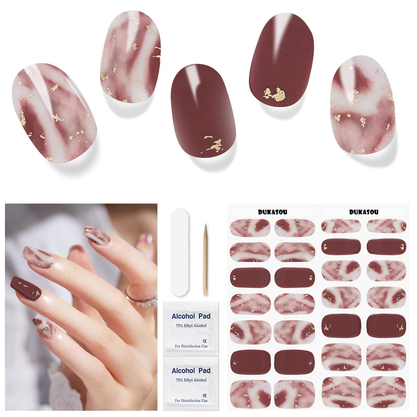 Semi Cured Gel Strips, 28 pcs Fingernail Stickers Work with Any UV Lamp, Long Lasting Nail Wraps, Salon Quality, Easy to Apply (Holiday Red)