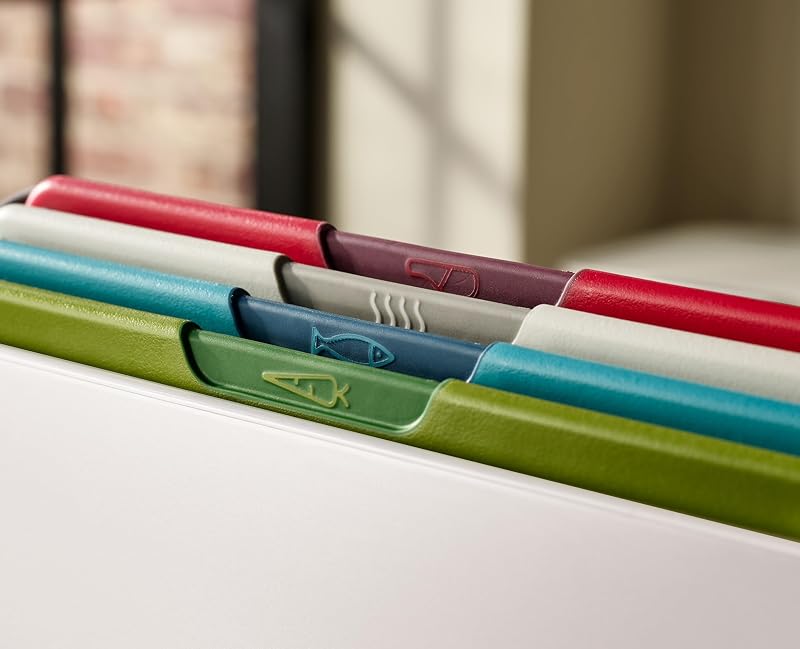 Tábuas de corte antiderrapantes com ícone folio, codificadas por cores, 4 peças, com caixa de arrumação, média, branca