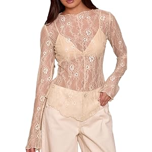 Mandonce Floral Lace Long Sleeve Base Shirt for Women Sexy Slightly Transparent Mesh lace Trim Hem Slim Fit Inner Top