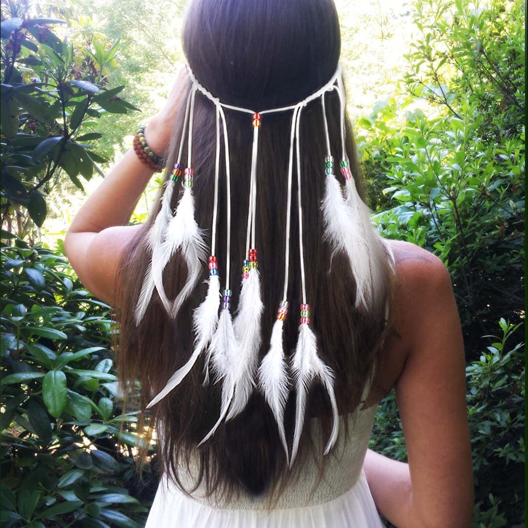 Fashband Indian Feather Headband Boho White Feather Tassel Hippie Headpiece Tribal Hair Accessories 1920s Indian Headdress for Women and Girls