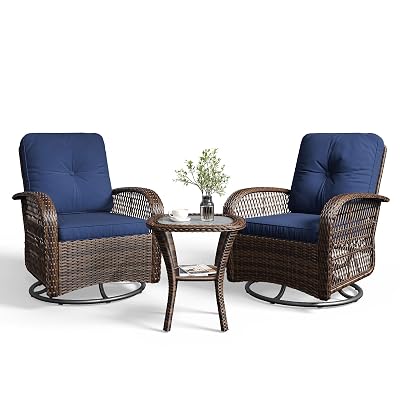 Aoxun 3 Pieces Patio Furniture Set, Patio Swivel Rocker Chairs Set of 2, Wicker Outdoor Bistro Set with Rocking Chair, Thickened Cushions and Table for Porch (Blue)