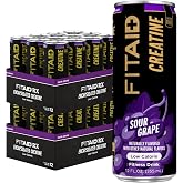 LifeAid FITAID Creatine Recovery Drink, Sour Grape, (24-Pack) | Bulk 24-pack Creatine workout recovery drink, BCAAs, Glucosamine, and Electrolytes, delicious Sour Grape flavor.