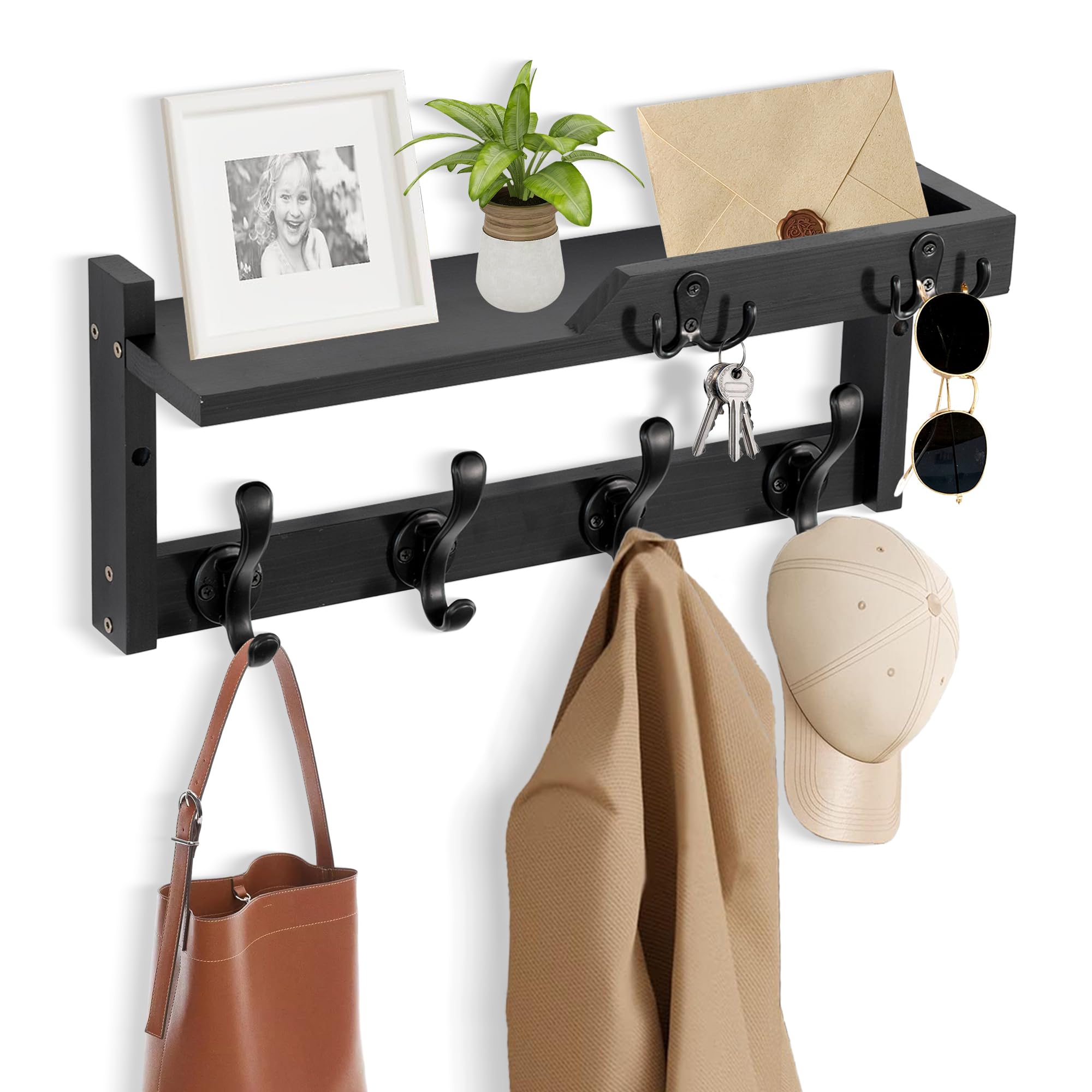 Photo 1 of dreampossible Coat Rack Wall Mount with Shelf, Coat Hanger Wall Mount with Key Hooks and Mail Holder, Wood Entryway Floating Shelf with Hooks and Storage, Hat Rack for Wall Key Holder Mail Organizer