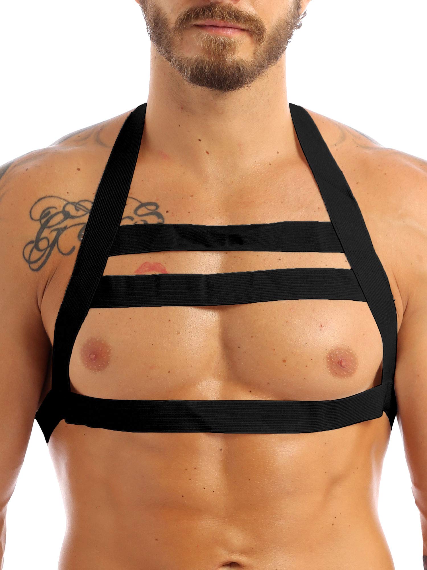 iiniim Men's Nylon Halter Backless Elastic Body Chest Costumes Black Short Style One Size