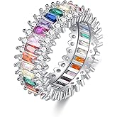 Hius Rainbow Baguette Ring for Women, Emerald Cut Eternity Bands with Colorful Cubic Zirconia, 18K Gold Plated Multi-Gemstone Rings