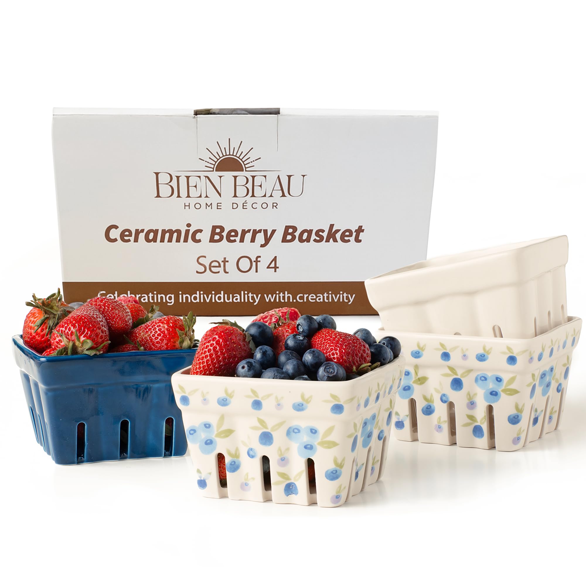 Photo 1 of ** chipped in one corner**
Ceramic Berry Basket, Farmhouse Colander, Farmers Market square Bowl. Rustic Kitchen decor fruit bowls, Fruit Baskets, Bleu White and Blueberry pattern Stoneware Harvest Bowls Set of 4