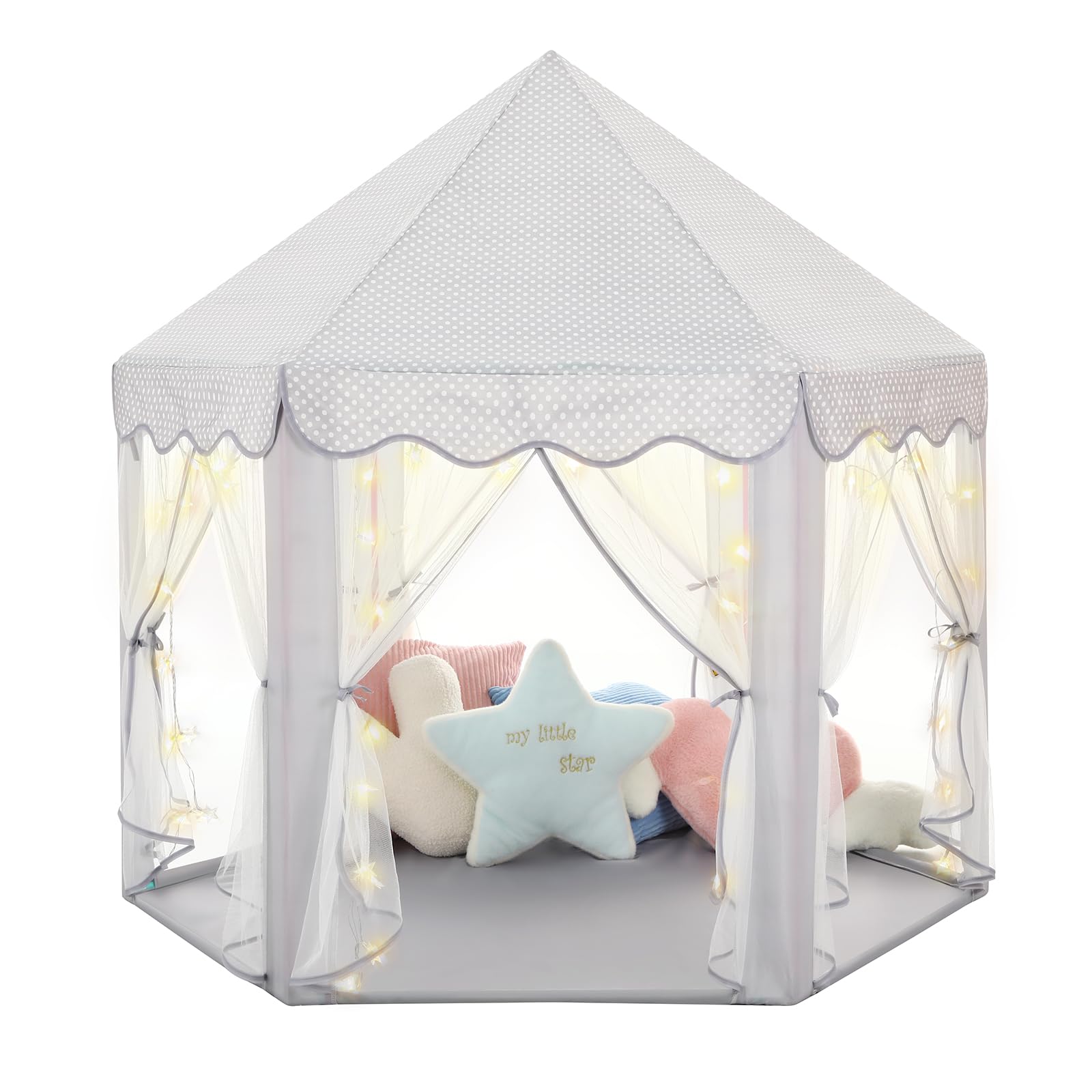 Princess Castle Tent for Girls Fairy Play Tents for Kids Blue Hexagon Playhouse with Fairy Star Lights Toys for Children or Toddlers Indoor or Outdoor Games (Grey Princess Tent) Image