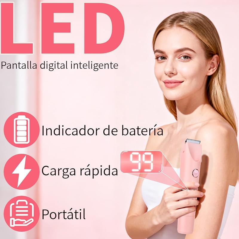 Barbear elétrico para mulheres e homens, cortador de biquíni com ecrã LED, IPX7 impermeável para uso húmido e seco, recarregável 2 em 1 para a zona do biquíni, rosto — foto 2 de 7