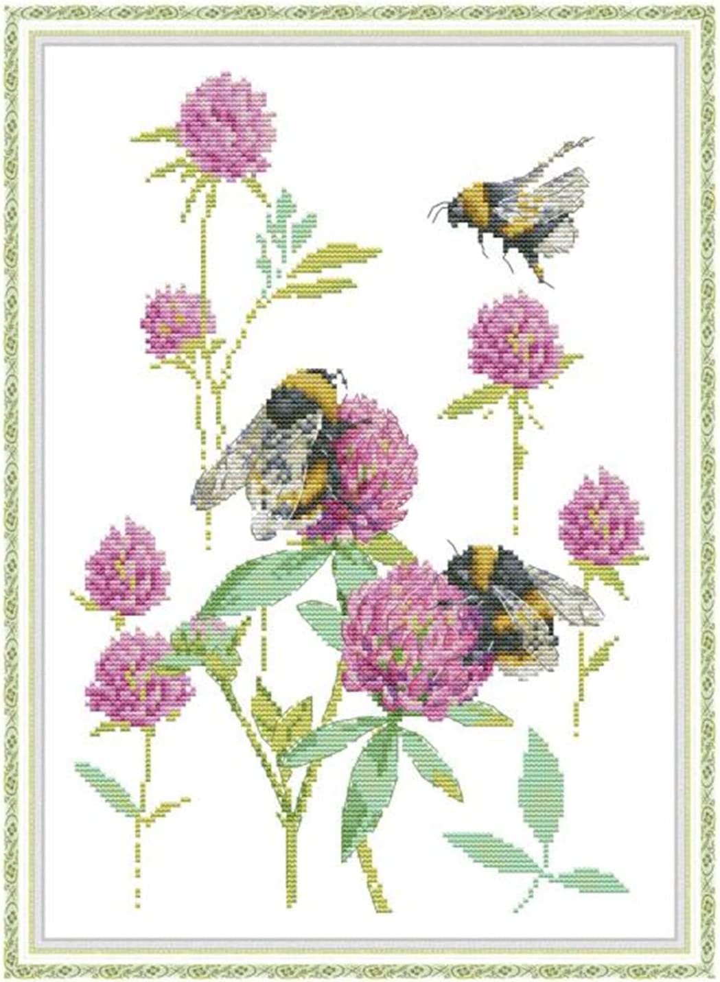 ABEUTY Cross Stitch Kits for Adults Beginners Pre Printed or NOT, Bees Flowers DIY 14 Count Embroidery Sewing Starter Kit Stamped or Unstamped Needlework Home Decor (Unstamped, Bees)