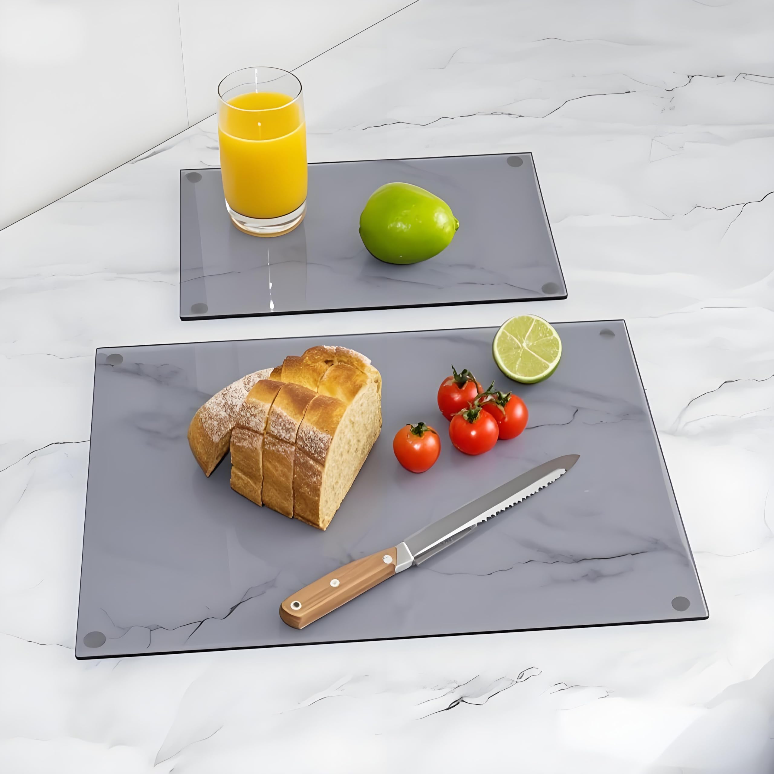 Photo 1 of 2 pcs Fashion Gray Glass Cutting Board for Kitchen,Tempered Glass Cutting Boards, Square Chopping Board with Rubber Feet for Countertop, Heat Resistant,Dishwasher Safe (16x12" & 12x8" Grey)