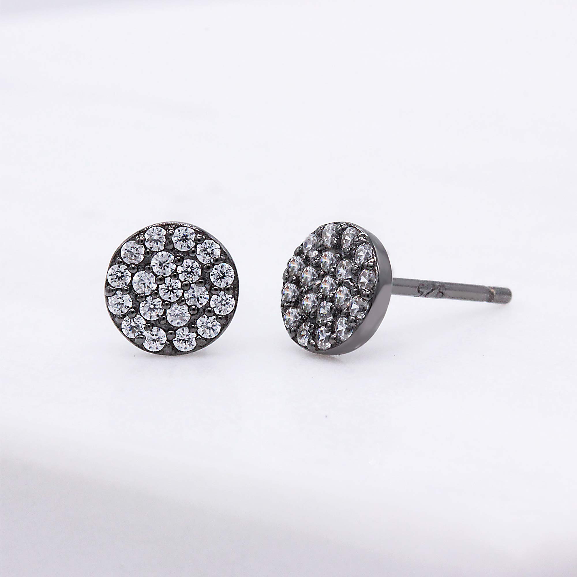 Black Rhodium-Plated Sterling Silver Cubic Zirconia Mini Circle Pave Disc Stud Earrings 6mm Diameter
