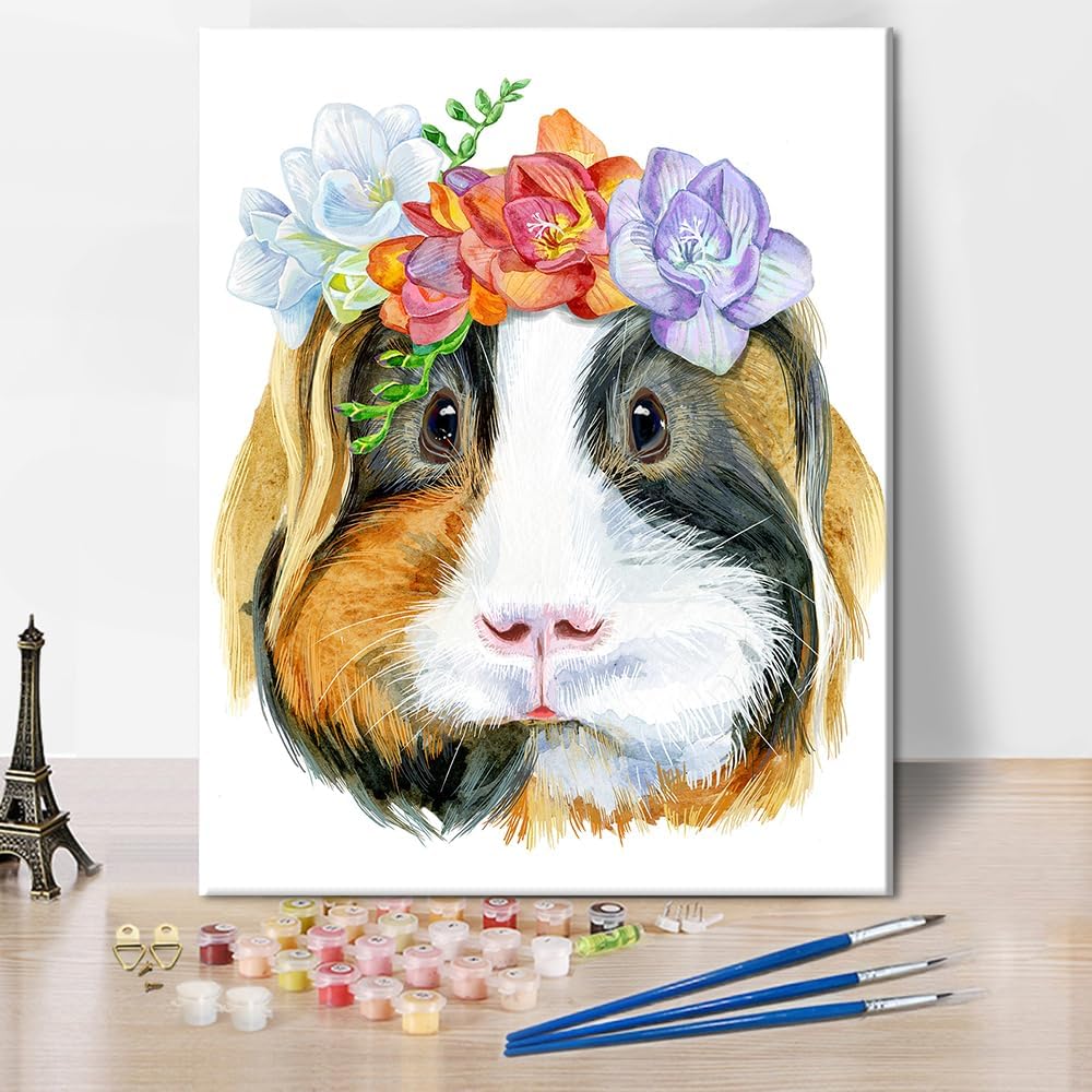 Paintings - Cute Guinea Pig Paint by Numbers Adult Flowers Pet Paint by Number for Wall Decor Animal Art Paint by Numbers for Adults Beginner Oil Painting Kits Gift for Kids and Adults 16x20inch (Frameless)