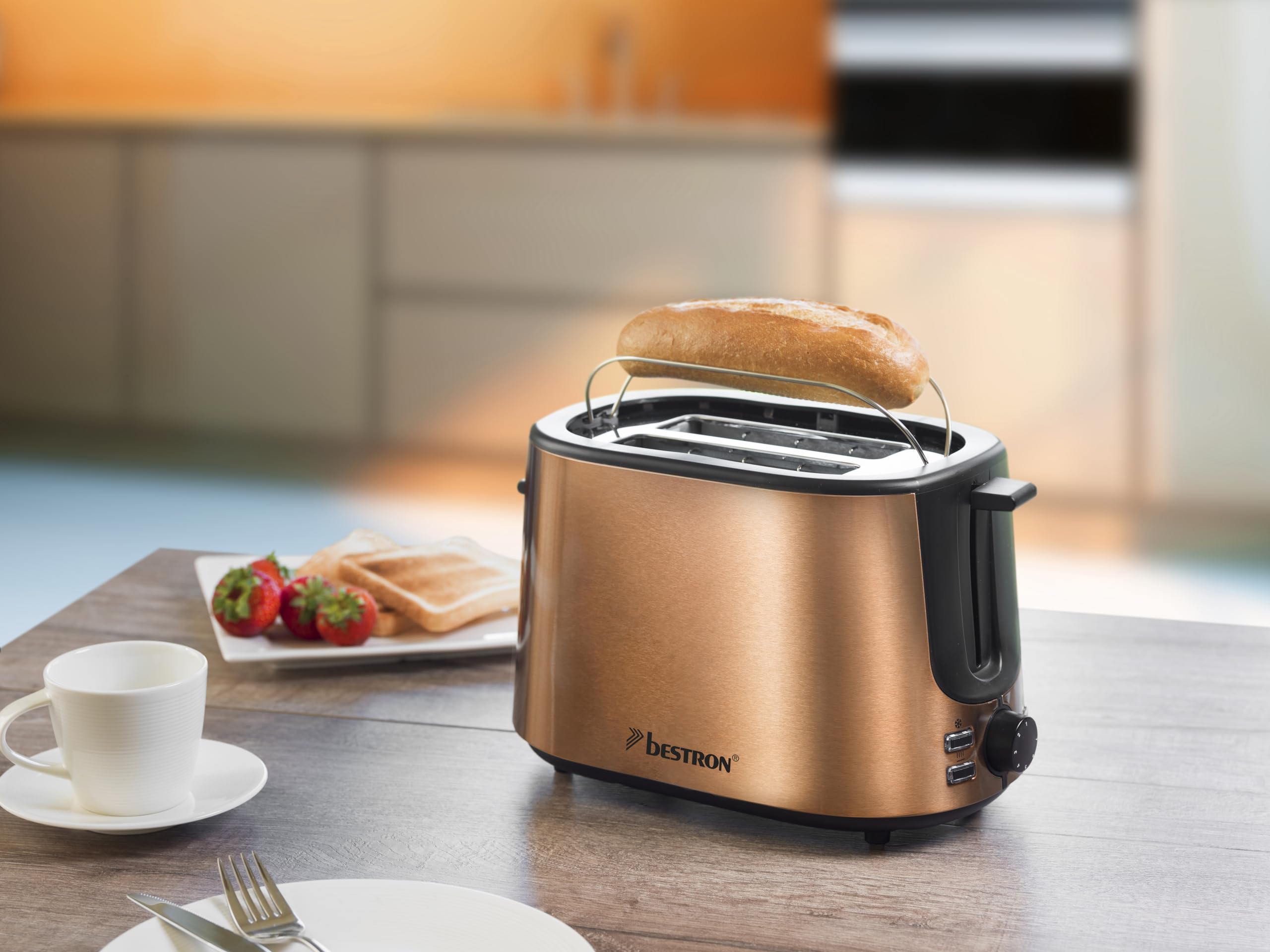 Bestron Toaster mit 2 Röstkammern, Krümelschublade und Brötchen-Röstaufsatz, 1.000 W, Edelstahl in Kupfer-Optik 5
