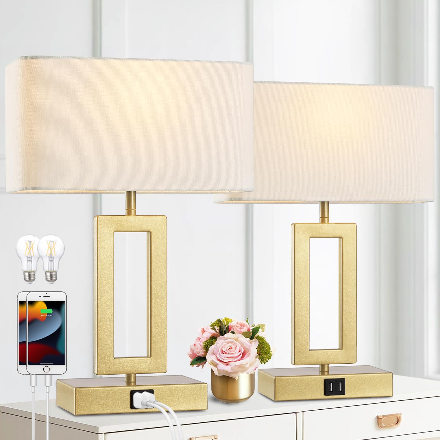 Photo 1 of gernehop Gold Table Lamps Set of 2 with Dual USB Ports,3-Way Dimmable Touch Control Bedside Lamps,Modern Bedroom Table Lamp for Living Room,Nightstand LED Bulbs Included